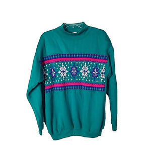 VTG 90's Lauren Brooke Green Snowflake Knit Mock Neck Sweatshirt Womans SZ Large